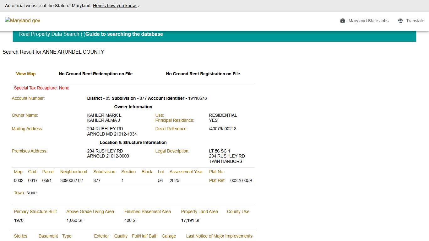 SDAT: Real Property Data Search